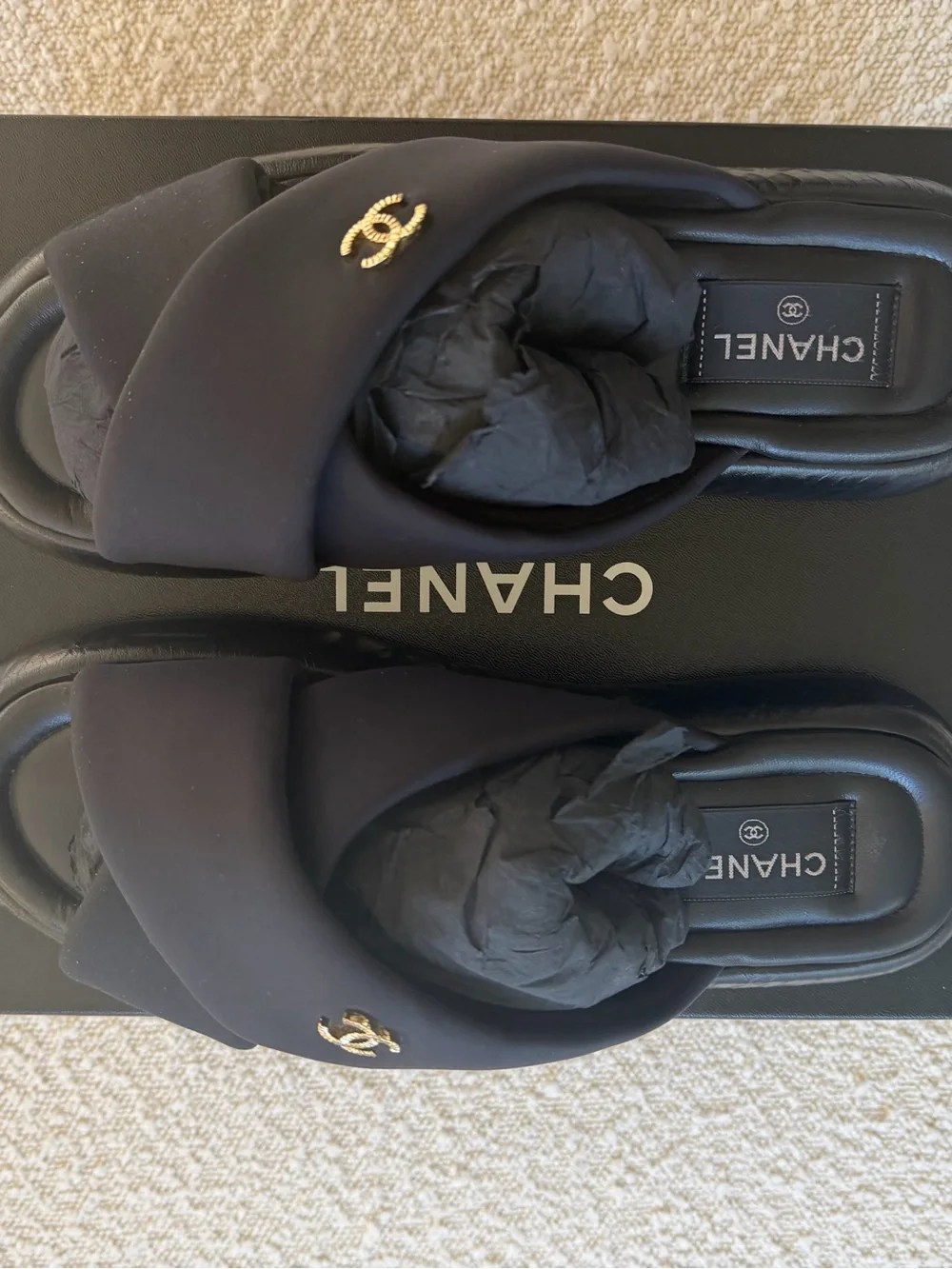 CHANEL Black Quilted CC Crossover Slide Sandals | Box Included